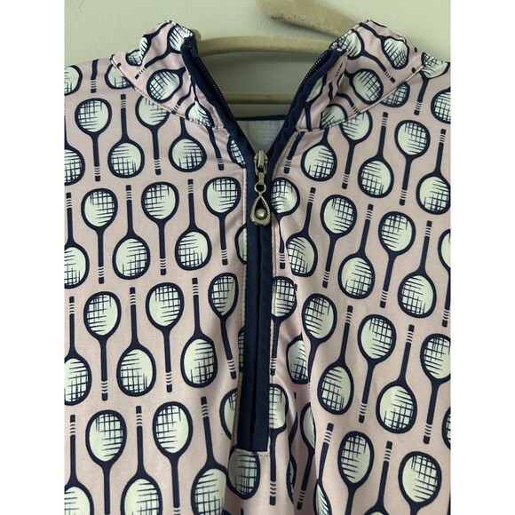 SanSoleil UPF 50+ 1/4 Zip Top with a Pink and Navy Racket Print Size Large Golf - Picture 3 of 9